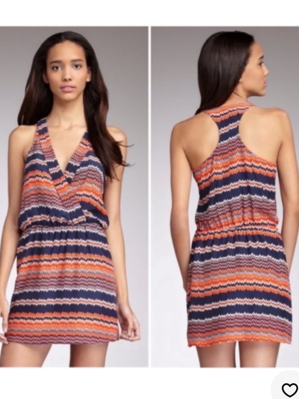 Parker blue and orange chevron zigzag print faux-wrap racerback 100% silk dress